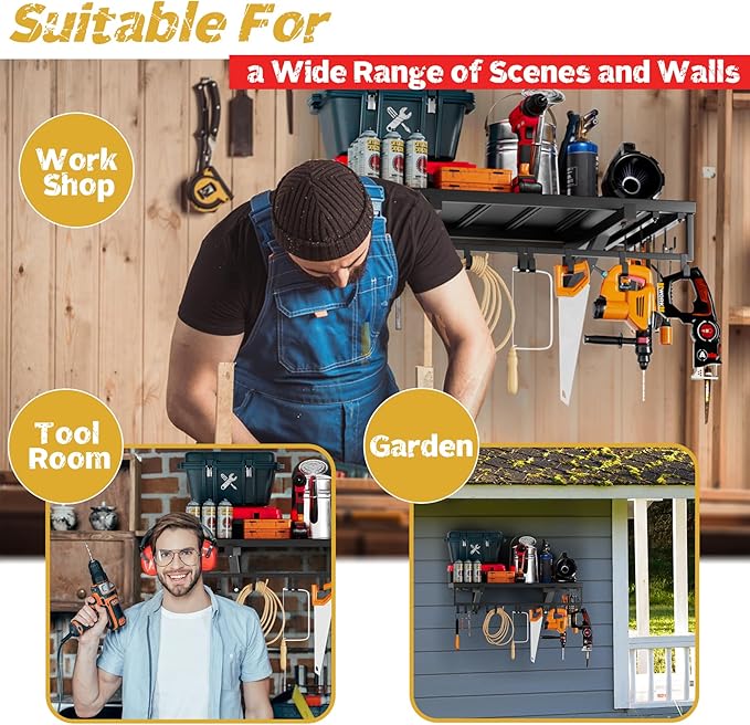 2pcs Garage Wall Shelving - 3.5*2FT Extra Large Heavy Duty Floating Shelves with 30 Hooks, Load Capacity 1102 Lbs, Hanging Garage Storage Rack, Tool Hanger Organizer Utility Rack, For Home, Workshop