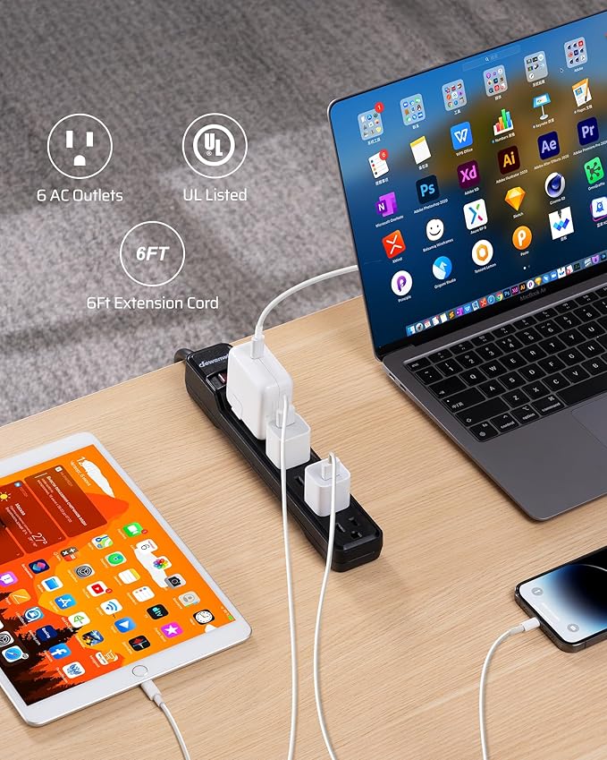 DEWENWILS 2-Pack 6-Outlet Power Strip Surge Protector, 6Ft Long Extension Cord, UL Listed, Low Profile Flat Plug, 15 Amp Circuit Breaker, 500 Joules, Wall Mount, Black