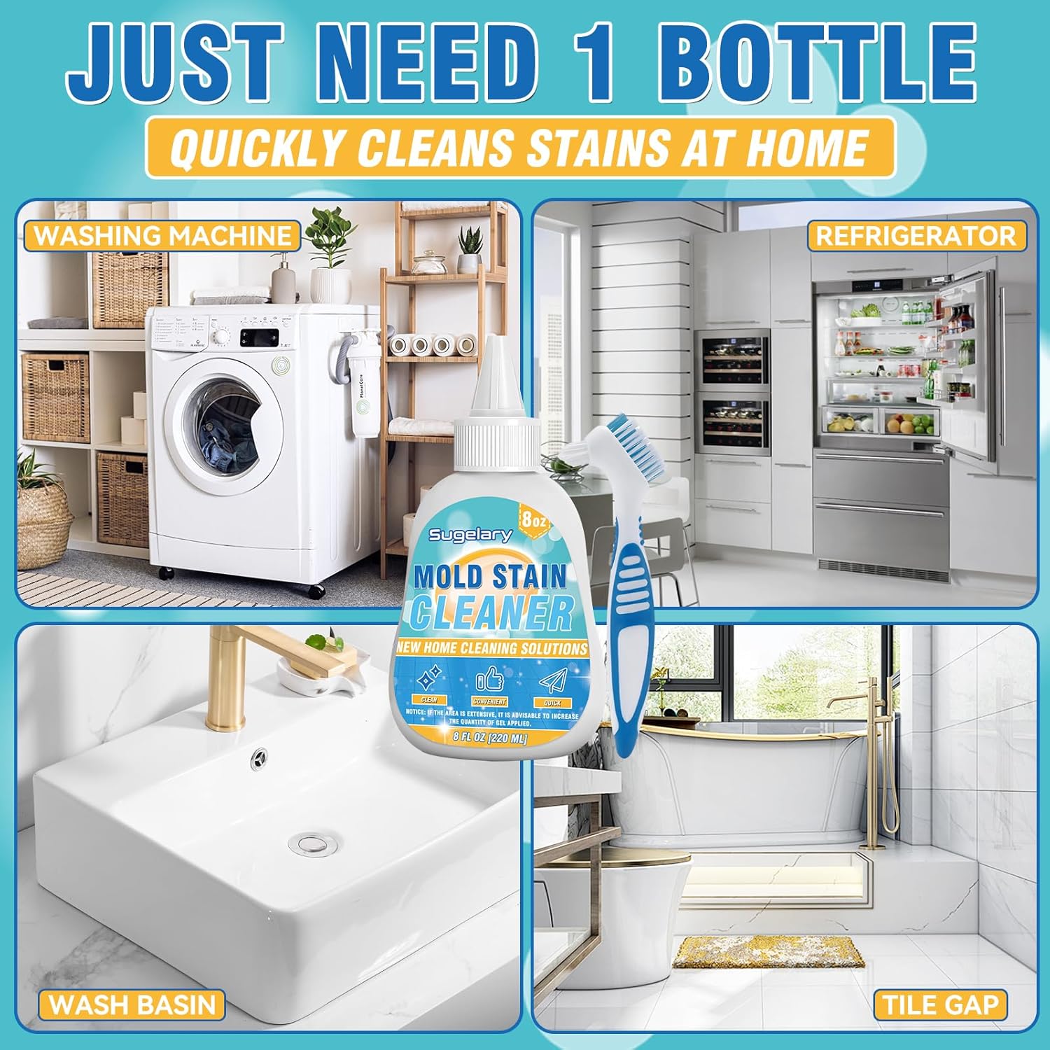 Sugelary Mold Stain Cleaning Gel, 8 fl oz Thick Cleaner for Washing Machine Gasket, Grout, Caulk, Shower, Sink, and Bathroom Surfaces