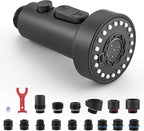 J-HVA Pull Down Kitchen Faucet Sprayer Head Replacement Part, 3 Function with 15 Adapters Pull Out Sink Sprayer Replacement Nozzle, Kitchen Faucet Head Hose Spray Tap Spout, Matte Black