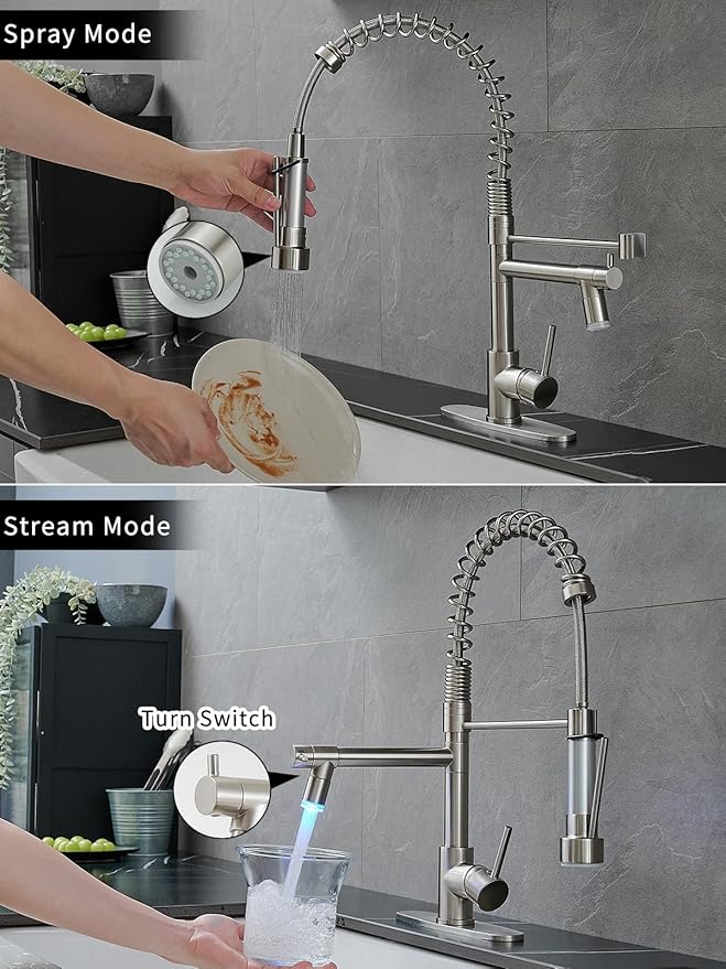 Kitchen Sink Faucet with LED,AIMADI Single Handle Stainless Steel Brushed Nickel Kitchen Faucet with Deck Plate, Grifos De Cocina