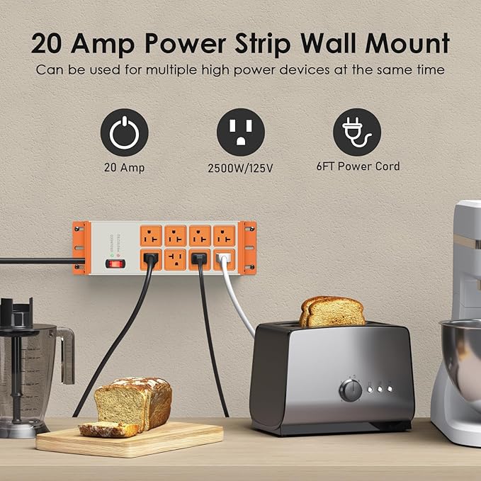 JUNNUJ Heavy Duty 20 Amp Surge Protector 4800J, Garage Metal 8 Outlets 12 Gauge, High Amp 5-15P Adapter Shop 6-20R T-Slot Industrial Outlet, 6 FT Extension Cord Commercial for Appliance, Grey