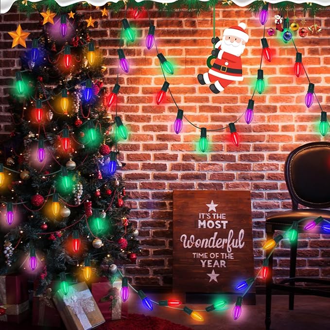 25 Pack LED Replacement Christmas Bulbs,Colored Plastic C9 Clear Replacement Bulbs Multicolor,Shatterproof C9/E17 Intermediate Base 0.6 Watt Great for Christmas Chandeliers Patio String Lights