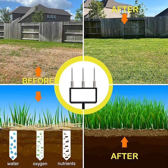 Lawn Aerator, Core Aerator Lawn Tool, Stainless Steel 3-Corer Lawn Hand Aeration – Manual Yard Plug Aerator for Compacted Garden Soil, Garden Care, Gardening Core Aeration Tool (Spike Tine)