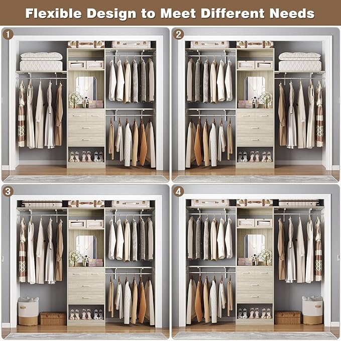 Unikito 8FT Closet System with 4 Drawers, 96" Wood Closet Organizer with Mirror and Hanging Rods, Sturdy Walk in Wardrobe Closet Insert with Tower, 96" W x 16" D x 80" H (Can Be Cut To Fit), White Oak
