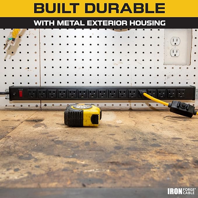 Iron Forge Cable 16 Outlet Heavy Duty Surge Protector Power Strip with Built-in Circuit Breaker, 14/3 SJT Black & Yellow with 9 ft Extension Cord