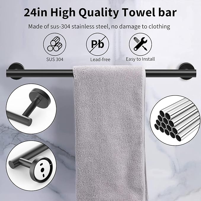 10-Pieces Bathroom Hardware Set, Includes 24 Inch Towel Racks for Bathroom Wall Mounted, Toilet Paper Holder, Towel Hooks for Bathrooms, Towel Rings for Bathroom Wall (Matte Black)