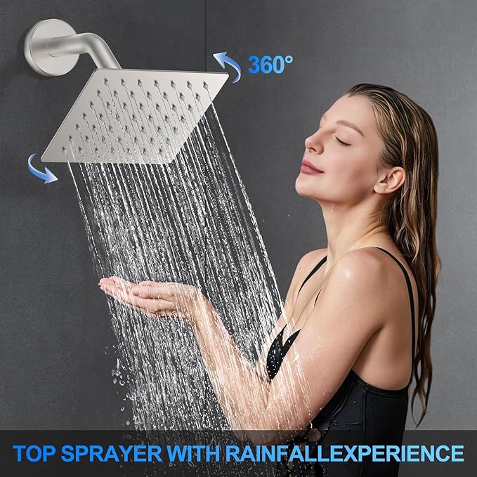 Shower Faucet Set, 12" Ceiling Mount Rainfall Shower System with 2 Rain Shower Head and Multi-function Handheld Head Push Button Diverter Shower Faucet Trim Kit (12", Brushed Nickel)