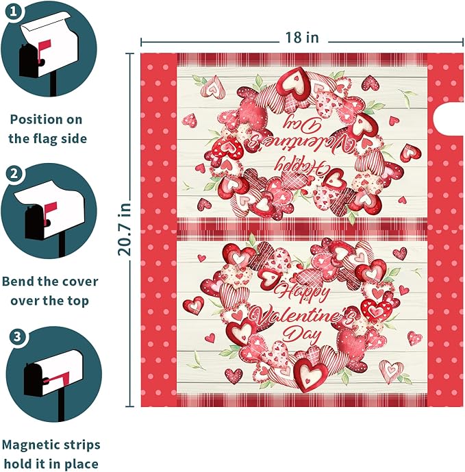 Kawani Happy Valentine's Day Mailbox Covers Magnetic Pink Red Love Heart Valentines Mailbox Covers Magnetic Standard Size 21x18 Inch Holiday Post Letter Box Cover for Garden Yard Decor