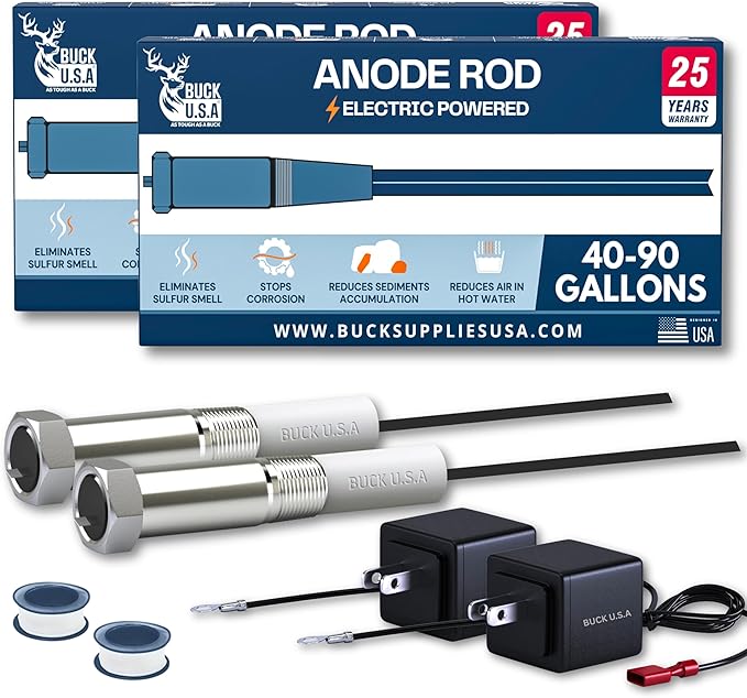 2 Pack Powered Anode Rod for Hot Water Heater (40-90 Gallon), 25-Year Warranty, Eliminates Rotten Egg & Sulfur Smell in 24 Hours, Stops Corrosion, Fast Installation, Titanium Built, Universal Fit
