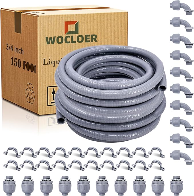 3/4 inch 150 Foot Liquid-Tight Conduit and Connector Kit, Flexible Non Metallic Electrical Conduit, With 10 Straight and 10 Angle Fittings and Pipe Strap