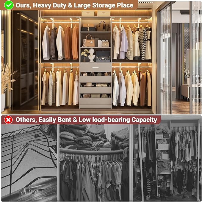 Aheaplus Closet System with 4 Drawers, 8FT Wood Closet Organizer System, 96’’ Closet Built In System Tower with Shelves, Walk-in Closet Wardrobe Clothes Garment Rack, Fits Spaces 4-9 ft, Grey1