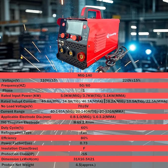 FLwelding 140A MlG Welder Flux Core.Dual Voltage110V/220V,MIG Welder Gasless Flux MlG/Lift TlG/Stick 3 in 1 Welding Machine synergic ControlIGBT Inverter Multiprocess Portable Wire Feed Welder.