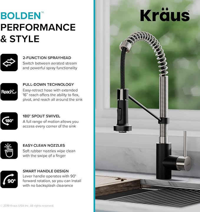 KRAUS Bolden Commercial Style 2-Function Single Handle Pull Down Kitchen Faucet in Stainless Steel/Matte Black, KPF-1610SSMB (Pack of 1)