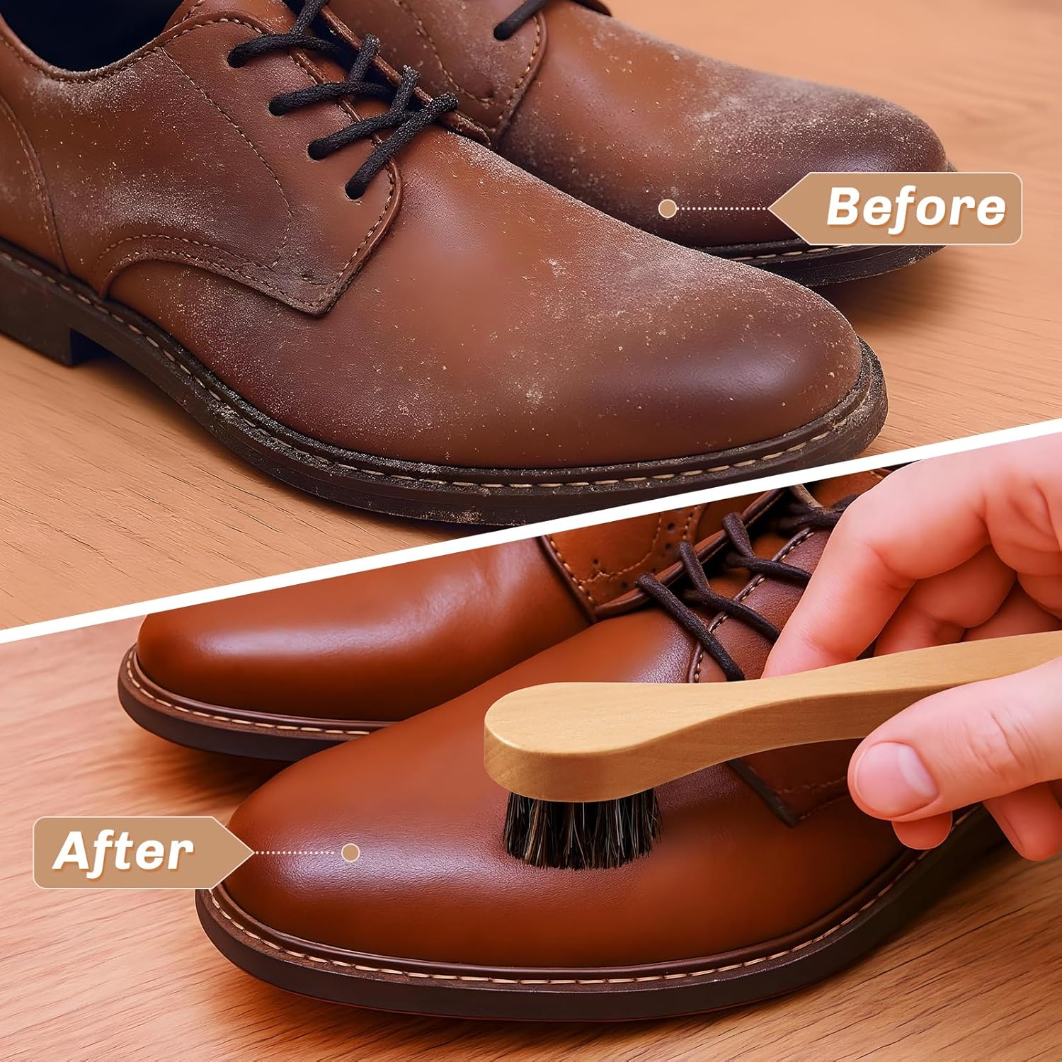 4 Pcs Horsehair Shine Shoes Brush Kit Polish Dauber Applicators Cleaning Leather Shoes Boots Care Brushes Suede Cleaner Brush with Microfiber Shoe Cloth(Wooden Handle A)