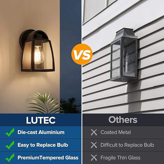 LUTEC Outdoor Wall Light Fixtures, Exterior Waterproof Wall Lantern with Clear Glass Shade, Aluminum Modern Matte Black Porch Sconce Outdoor Lighting for Garage Entryway Yard
