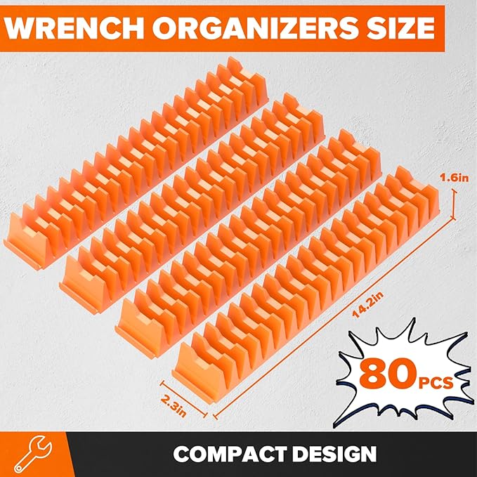 80PCS Modular Wrench Organizer Wrench Holder - Wrench Tool Organizers for Tool Drawer Storage, Wrench Storage Set with Metric & SAE Label, Wrench Rack Tool Gift for Professional Mechanics, Orange
