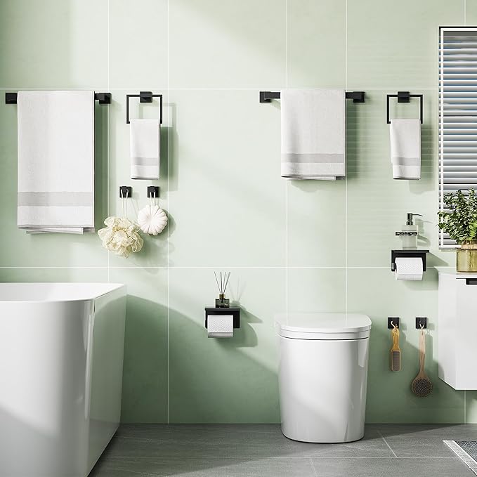 10-Pieces Bathroom Hardware Set, SUS304 Stainless Steel Wall Mounted 16 Inch Towel Bar, Toilet Paper Holder, Towel Hooks, Bathroom Towel Bar Set (Matte Black (Type 2), 10 Piece-16 inch)