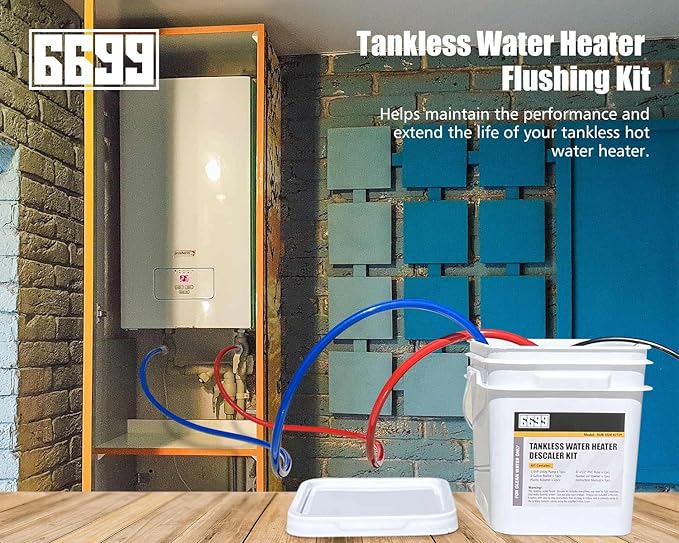 Tankless Water Heater Flushing Kit Includes 1/6HP Submersible Sump Pump with Two Adapters & 3 Gallons Pail with Bucket Lid Opener & Two 1/2” Dia X 6’ PVC Hoses with Washers