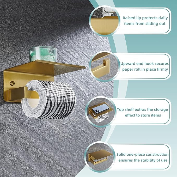 Toilet Paper Holder with Shelf Brushed Gold, APLusee SUS 304 Stainless Steel Modern Bathroom Accessories Tissue Roll Dispenser Storage