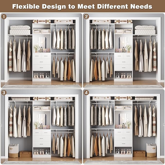 Unikito 8FT Closet System with 4 Drawers, 96" Wood Closet Organizer with Mirror and Hanging Rods, Sturdy Walk in Wardrobe Closet Insert with Tower, 96" W x 16" D x 80" H (Can Be Cut To Fit), White