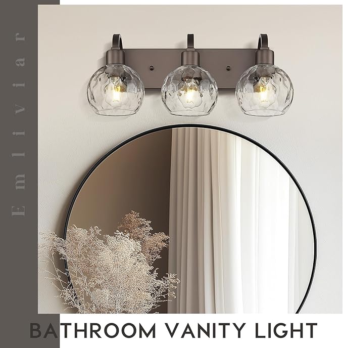 Emliviar 3-Light Bathroom Light Fixtures Over Mirror for Living Room, Hallway, Farmhouse Oil Rubbed Bronze Vanity Light with Water Grain Globe Glass, YCE237BG-3W ORB