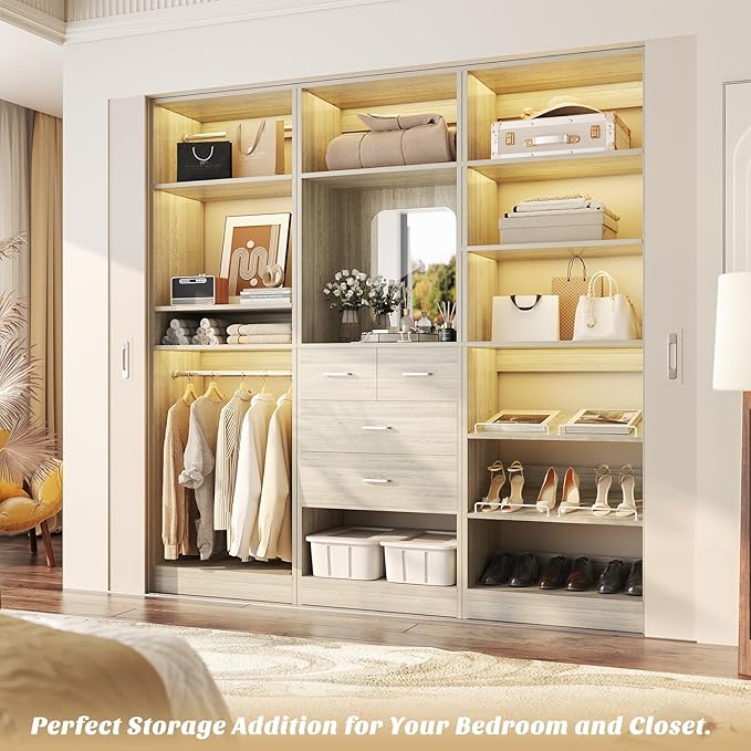 Unikito 75” Closet System with Drawers, 6.2FT Wood Closets Organizer with Hanging Rods and Mirror, Reversible Large Walk in Closet Wardrobe Garment Rack with Shoe Shelves, White Oak