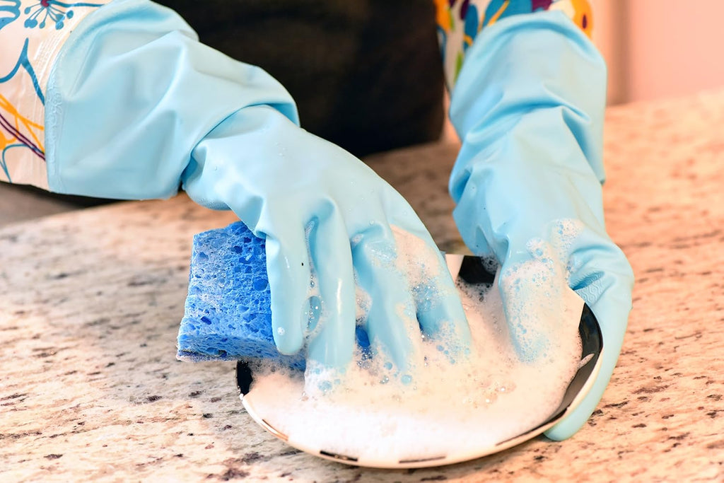 2 PAIRS Household Gloves Latex Free Cleaning Gloves with Soft Lining Long Cuff 15" & Grip, Medum, Pink/Blue