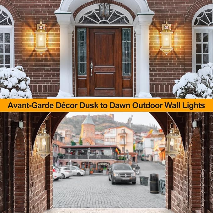 Gold Motion Sensor Outdoor Light Fixtures Dusk to Dawn, 19 Inch Enclosed Bottom Anti-Rust Aluminum Large Outside Wall Lanterns for House Brass Exterior Light Outdoor Sconces for Patio