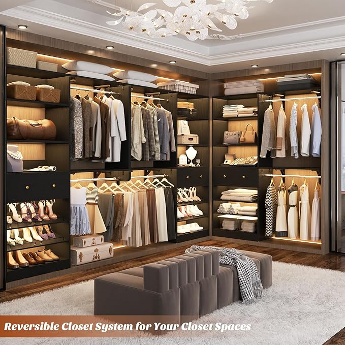 [10 FT Closet System] Reversible Set of 2 Wood Closet Organizer System with 2 Drawers, 4 Hanging Rods Adjustable Shelf, Walk In Closet Organizers with Shoe Rack, Garment Rack Clothes Rack, Black