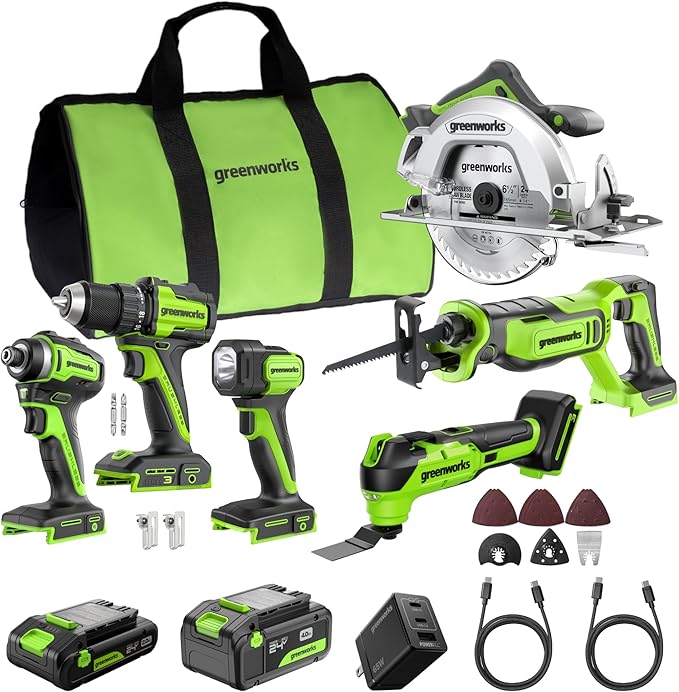 Greenworks 24V Cordless Brushless 6PCs Combo, Drill/Driver+Impact Driver+6.5" Circular Saw+Recip Saw +Oscillating Tool+Flashlight, 2.0Ah+4.0Ah Batteries (24,000mAh Power Bank) and 65W USB-C Charger