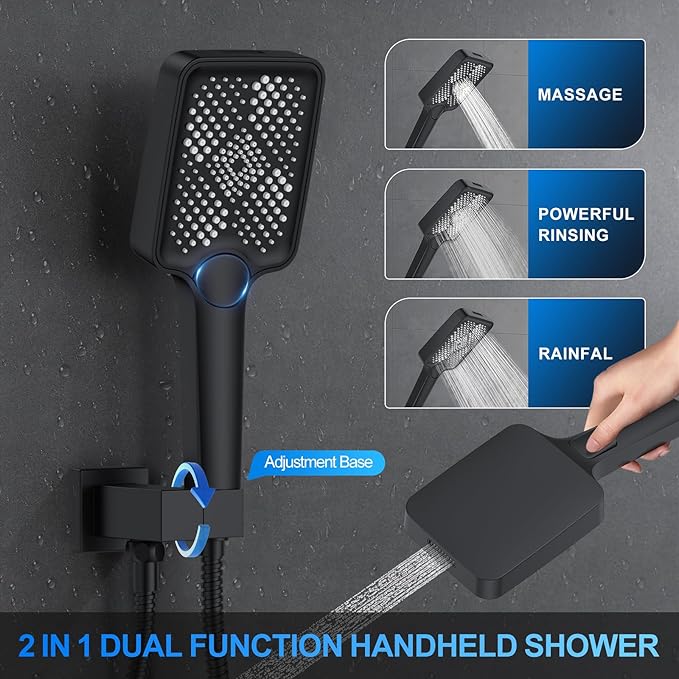 Shower Faucet Set, 12" Wall Mount Rainfall Shower System with 2 Rain Shower Head and Multi-function Handheld Head Push Button Diverter Shower Faucet Trim Kit Matte Black