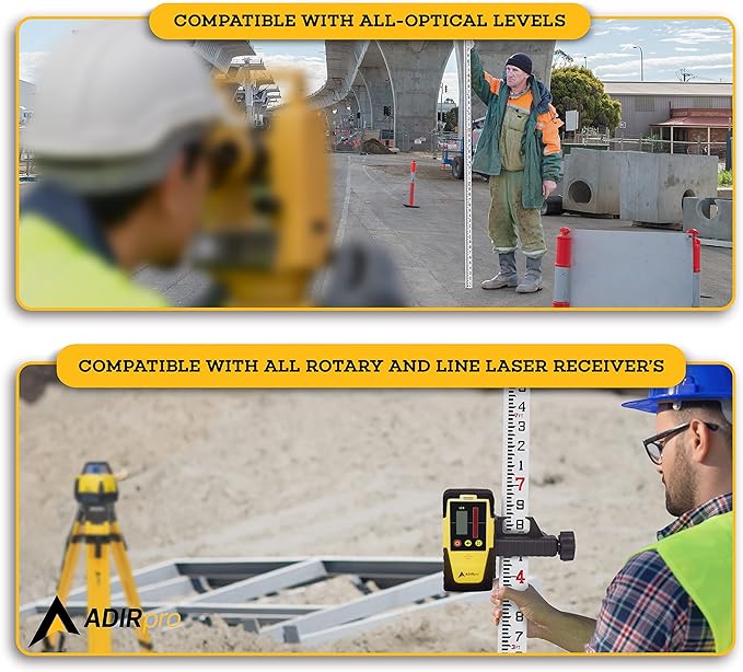 AdirPro 16-Foot Fiberglass Grade Rod – 10ths, 4-Section Telescoping Rectangular Leveling Rod – Non Glare and Corrosion Resistant – Heavy Duty Carrying Case Included