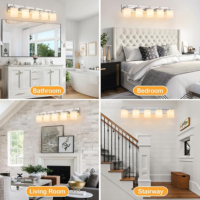 5 Light Modern Bathroom Light Fixtures Over Mirror, Chrome Vanity Lights for Bathroom Wall Sconces with Milky White Glass Shades, E26 Socket (Bulbs Not Included)