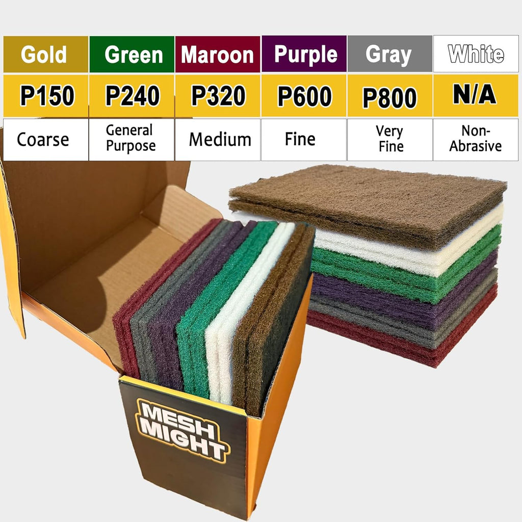 12-Pack 6"x9" Non-Woven Scuff Pads Multi Pack- Aluminum Oxide Abrasive for Scouring, Sanding, Paint Primer Prep - Automotive, Auto Body, Woodworking, Surface Preparation (Multi)