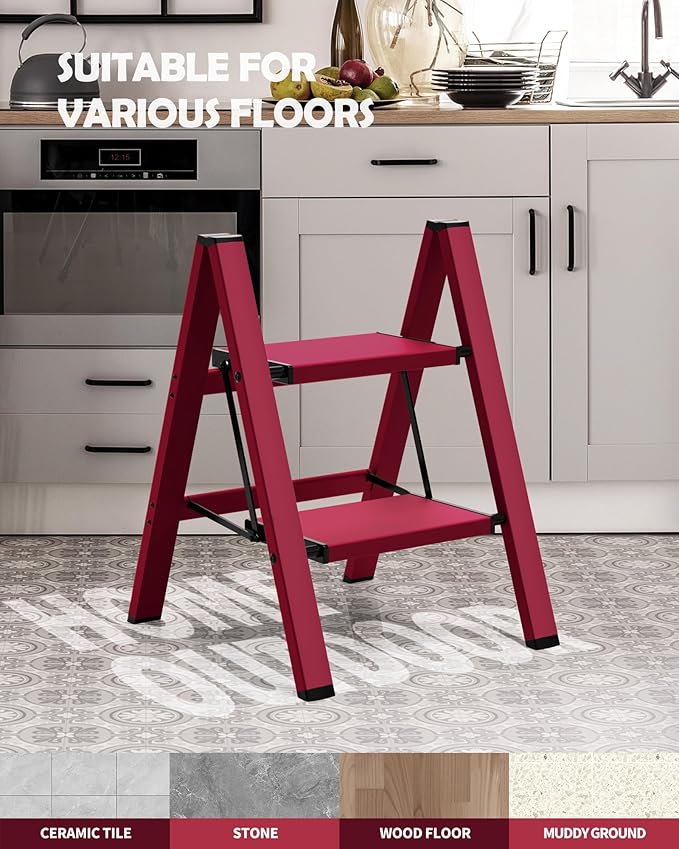 Taranta 2 Step Ladder,Aluminum Lightweight Folding 2 Step Stool with Anti-Slip Wide Pedal,330lbs Capacity Step Ladder for Household,Kitchen,Office - Red