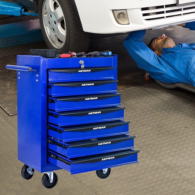 7 Drawers Rolling Tool Box on Wheels, Multifunctional Tool Chest Cabinet with Lock, Drawers Rolling Tool Cart Trolley Organizer Tool Storage Case for Warehouse,Garage,Workshop (Blue)