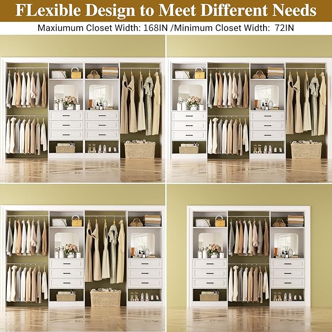 Unikito Closet System with 6 Drawers, 6-14Ft Closet Organizer with Mirror, Walk-in Closet Organizer Wardrobe Clothes Rack with 3 Hanging Rods, Sturdy Wood Clothing Garment Rack with Tower, White
