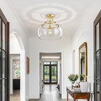 Industrial Round Chandelier Rustic Ceiling Light Fixture Farmhouse Pendant Light with Clear Glass Shade for Dining Room Hallway Entryway Kitchen Bedroom, Gold