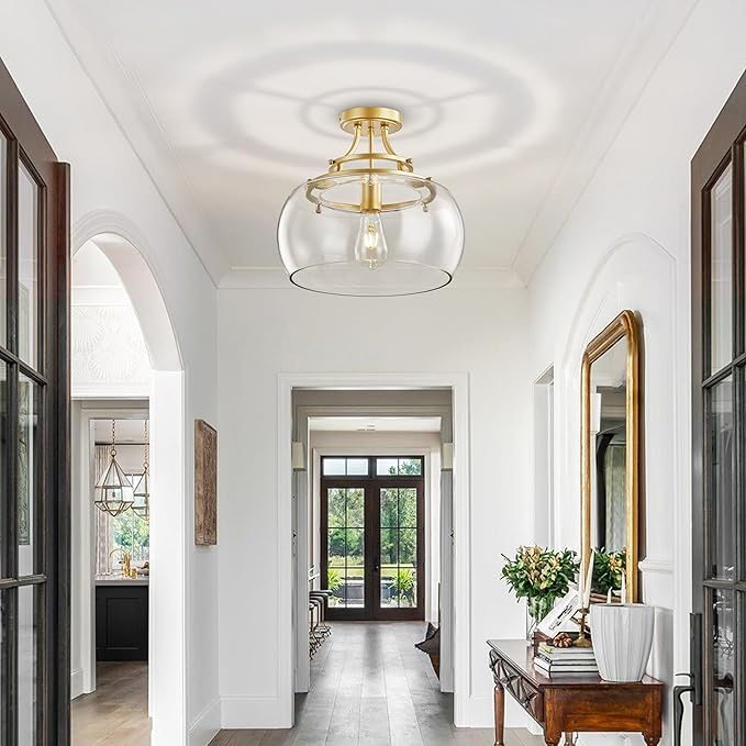 Industrial Round Chandelier Rustic Ceiling Light Fixture Farmhouse Pendant Light with Clear Glass Shade for Dining Room Hallway Entryway Kitchen Bedroom, Gold