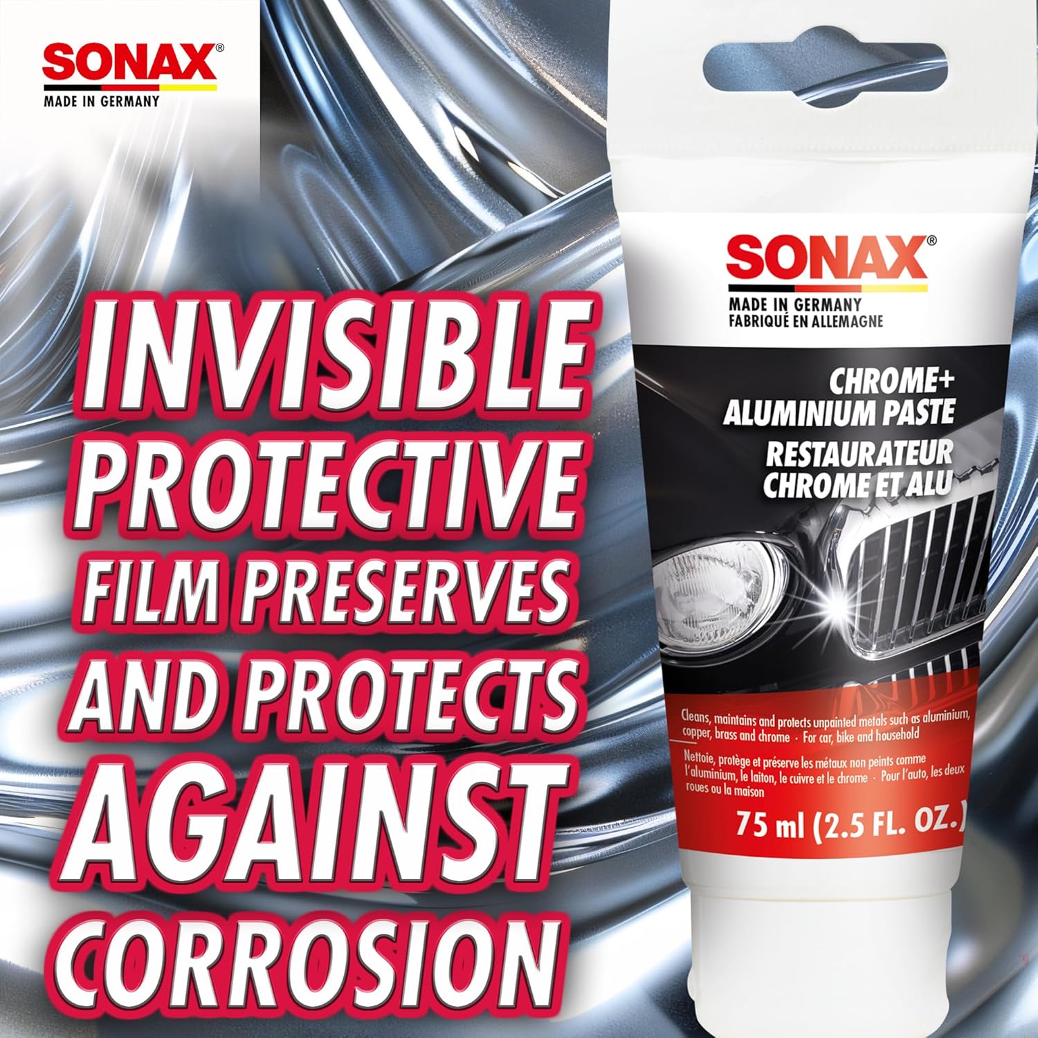 Sonax Chrome & Aluminum Paste | Gentle Cleaner & Protector for Chrome, Aluminum, Brass & Copper | Removes Rust & Corrosion | Restores Shine & Prevents Tarnishing | 308000 | 75ml