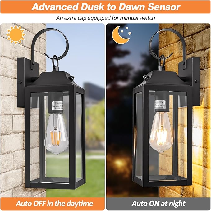 Dusk to Dawn Wall Lights 2 Pack, Black Outdoor Light Fixtures Wall Mount, 15 Inch Exterior Wall Sconces Waterproof, Large Outside Lights for House, Modern Wall Lanterns Clear Glass