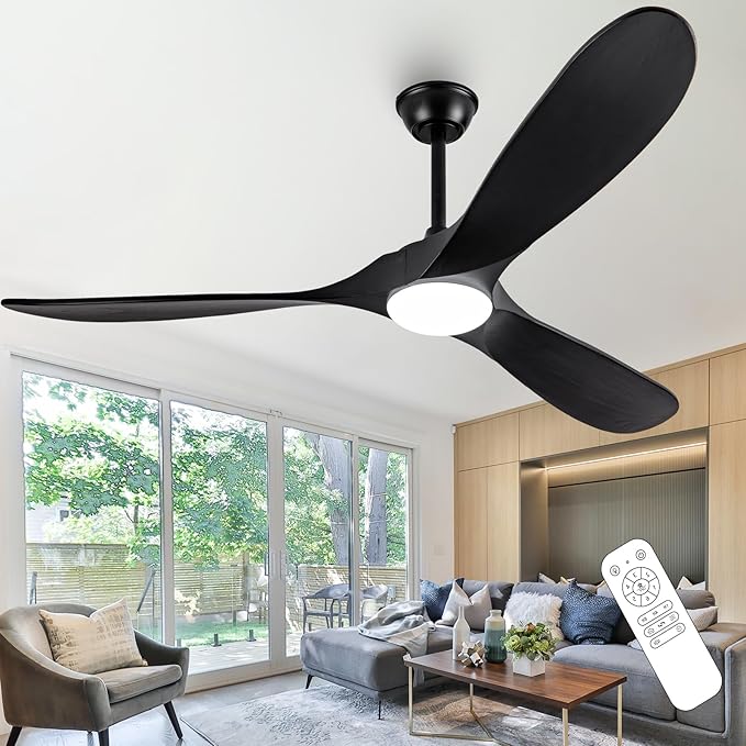 60 Inch Outdoor Ceiling Fans with Lights and Remote, 3 Blades Wood Black Propeller Rustic Ceiling Fans, Quiet Noiseless DC Motor for Farmhouse,Living Room,Bedroom,Indoor
