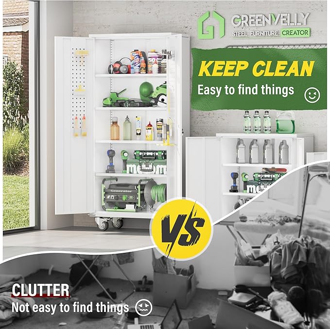 Greenvelly White Metal Storage Cabinet with Wheels and Pegboard, 72" Steel Garage rolling Cabinet with Doors and 4 Shelves, Tall Locking Cabinets Tool Lockable Storage Cabinets for Garage, Home Office