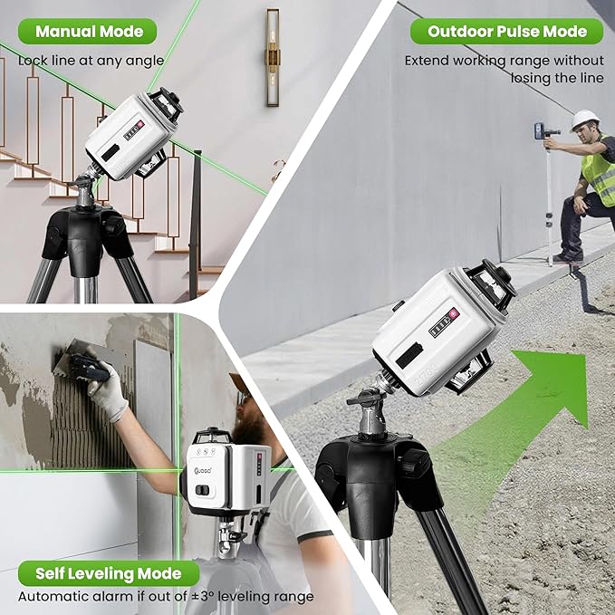 Laser Level 360 Self Leveling, 3x360° 3D Green Line Laser Level for Picture Hanging, Rechargeable Lazer Level with Type-C Charger, 2 * 6000mAh Batteries, Magnetic Rotating Stand and Hard Case