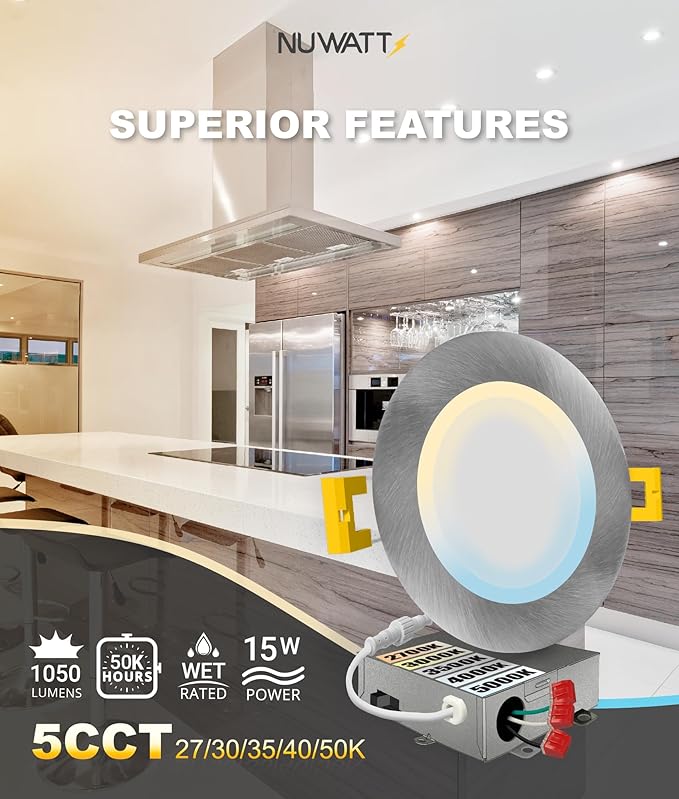 NUWATT 6 Pack 6 Inch Ultra-Thin Nickel LED Recessed Lighting, 5CCT 2700K/3000K/3500K/4000K/5000K Selectable, High Brightness 1050 Lumens, Dimmable Canless Slim Wafer Light, IC Rated, Metal J-Box, ETL