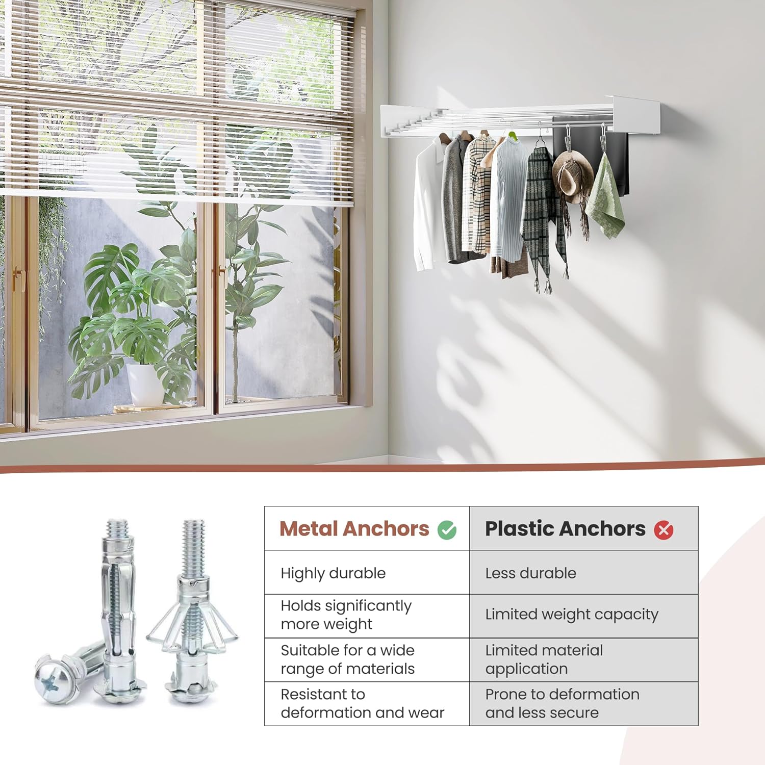 Foldable Wall-Mounted Drying Rack, Heavy-Duty 60 lb Capacity – Space-Saving Folding Laundry Hanger with 10 Clips, Rust-Proof Aluminium Clothes Dryer for Indoor & Outdoor Use