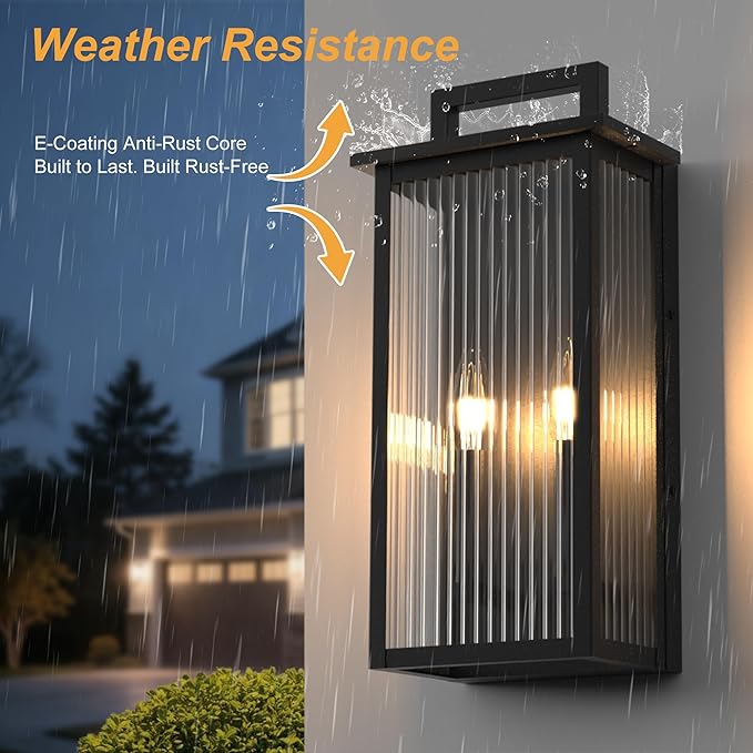 17.92INCH Large Outdoor Wall Lights, Dusk to Dawn Outdoor Lighting with Elegant Striped Glass, Waterproof Exterior Lighting Fixtures Modern Outside Sconce for Porch, Patio, Doorway