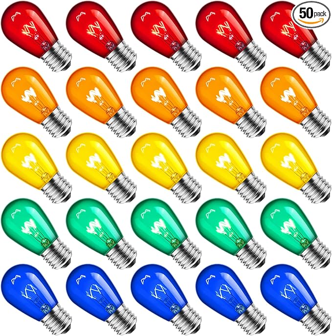 S14 Christmas Replacement Light Bulbs, 50 Pack Glass Edison Vintage Bulbs, 11 Watt, E26 Medium Base, Waterproof Commercial Christmas Bulb for Indoor Outdoor Home Patio Garden Decoration, Multicolor
