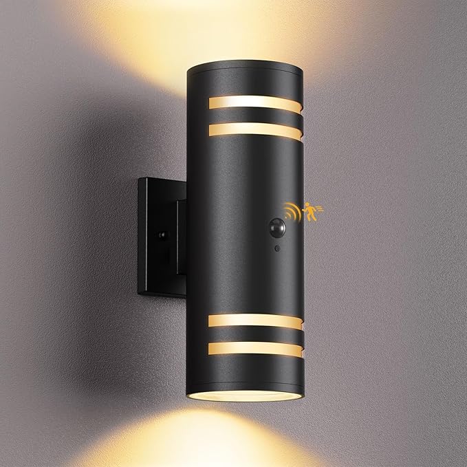 SHlMR Motion Sensor Outdoor Lights, Modern Dusk to Dawn Outdoor Lighting Wall Mount with Bulbs, Black Exterior Sconce Aluminum Up and Down Waterproof Motion Detector Lights for Outside, ETL Listed